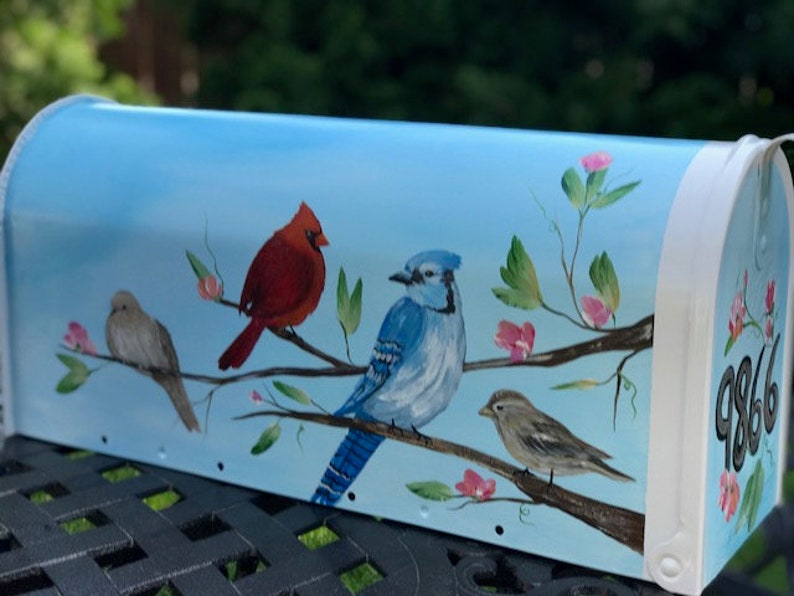 Painted Unique Gift Painted Mailbox With Birds Cardinals On Mailbox With Blue Jays Or Any 4 Birds On Each Side With Branches And Blossoms
