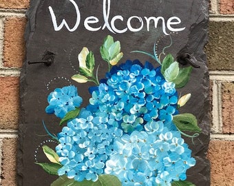 Hand Painted Blue Hydrangeas Welcome Slate, Natural Stone Slate, Lisa Kirwan Original Art, MADE TO ORDER