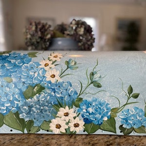 Blue Hydrangeas And Daisies Decorative Mailbox Blue Floral Personalized Custom Hand Painted Rural Post, Shipping Included