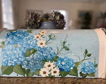 Blue Hydrangeas And Daisies Decorative Mailbox Blue Floral Personalized Custom Hand Painted Rural Post, Shipping Included