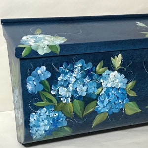 Painted Wall Mount Mailbox, Blue Hydrangeas Hand Painted Floral Mailboxes, Decorative Mailbox, Outside Art, Painted Gifts image 2