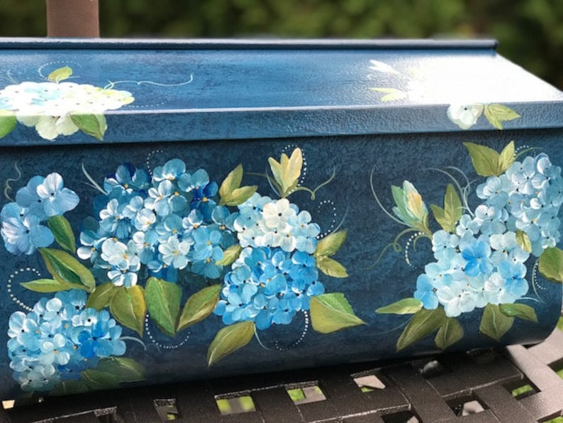 Painted Wall Mount Mailbox, Blue Hydrangeas Hand Painted Floral Mailboxes, Decorative Mailbox, Outside Art, Painted Gifts image 7