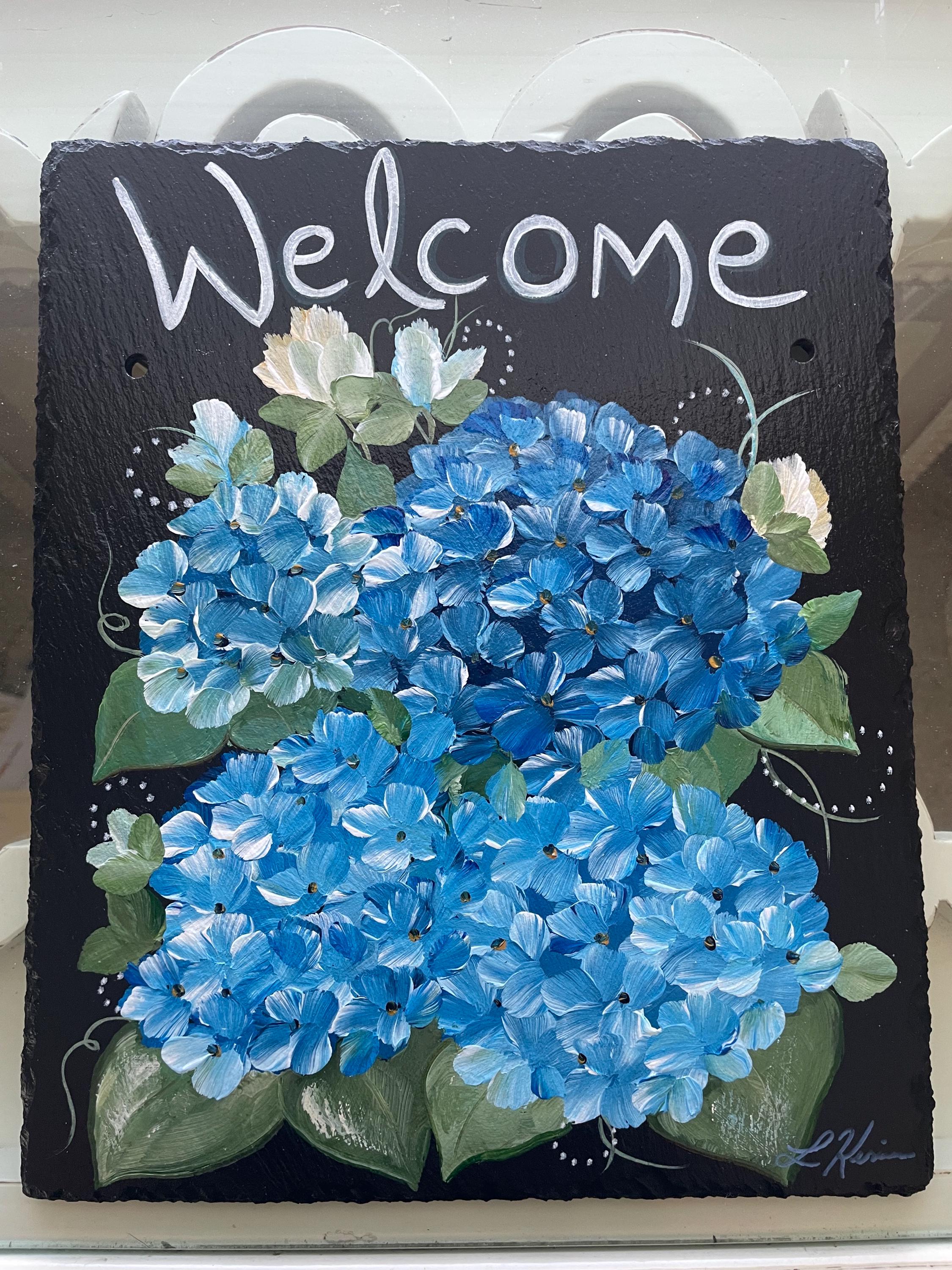 bluelily1101様♥オーダー♥Hand＊made♥ Hand-painted Blue Hydrangea Welcome Slate, Natural Stone Art - Etsy