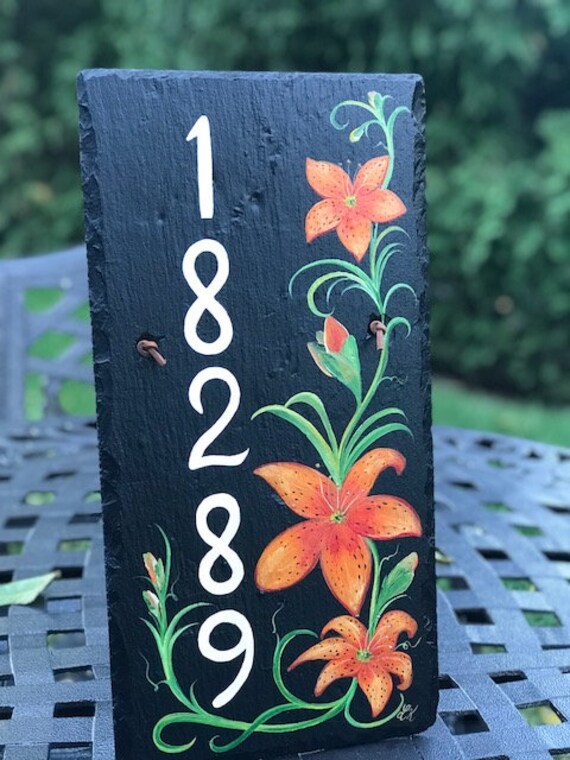 Hand Painted Slate Address Plaque, Tiger Lilies, Custom Vertical