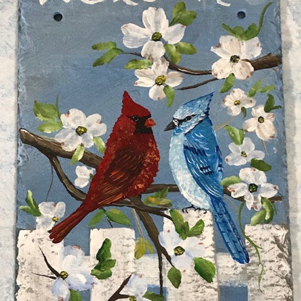 Dogwood And Birds Slate For Spring Summer And Bird Lovers, Customize With Welcome Or Address Any 2 Birds