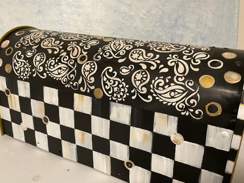Hand Painted Paisley Checkered Mailbox, Black & Gold Accents - Etsy
