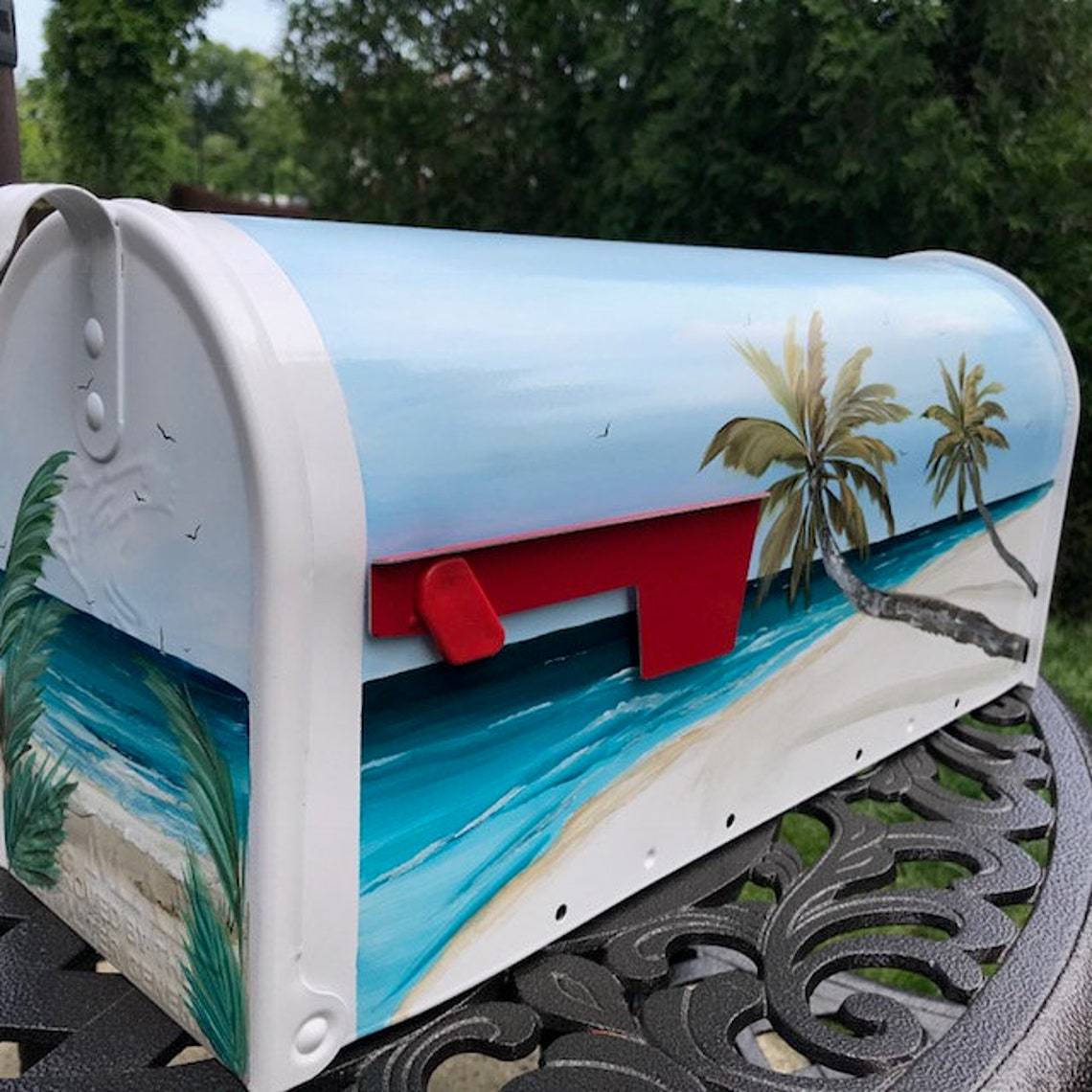 Hand Painted Mailbox Beach Mailbox Coastal Mailboxes Palm Etsy