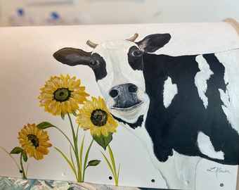 Farmhouse Mailbox Cow And Sunflowers Themed Cow Farm Gift, Hand Painted Personalized Lisa Kirwan Art