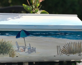 Painted Wall Mount Mailbox, Personalized Beach Mailbox, Custom Mailboxes For Beach Lovers, Unique Mailbox Art, Painted Mailbox, Beach Chairs