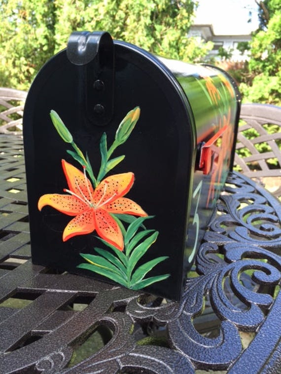 Painted Tiger Lily Mailbox, Orange Flowers Hand Painted Mailbox