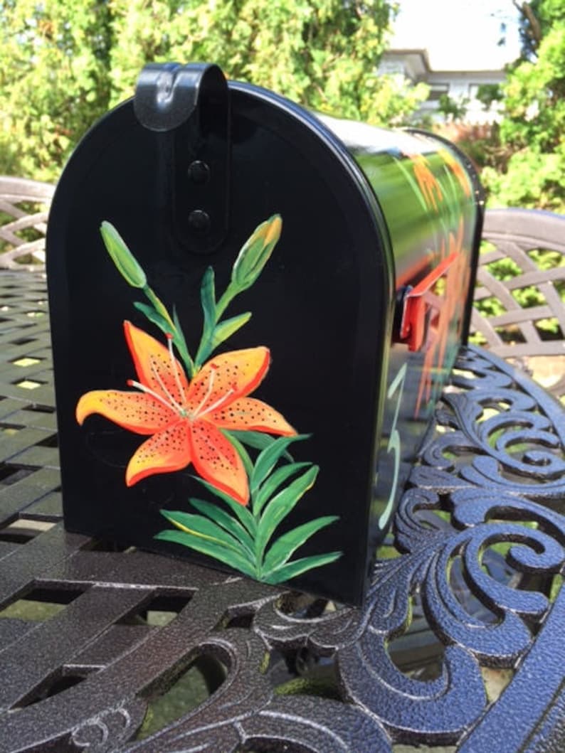 Painted Tiger Lily Mailbox, Orange Flowers Hand Painted Mailbox, Custom Mailbox, Creative and Unique Mailboxes, Decorative Art image 2