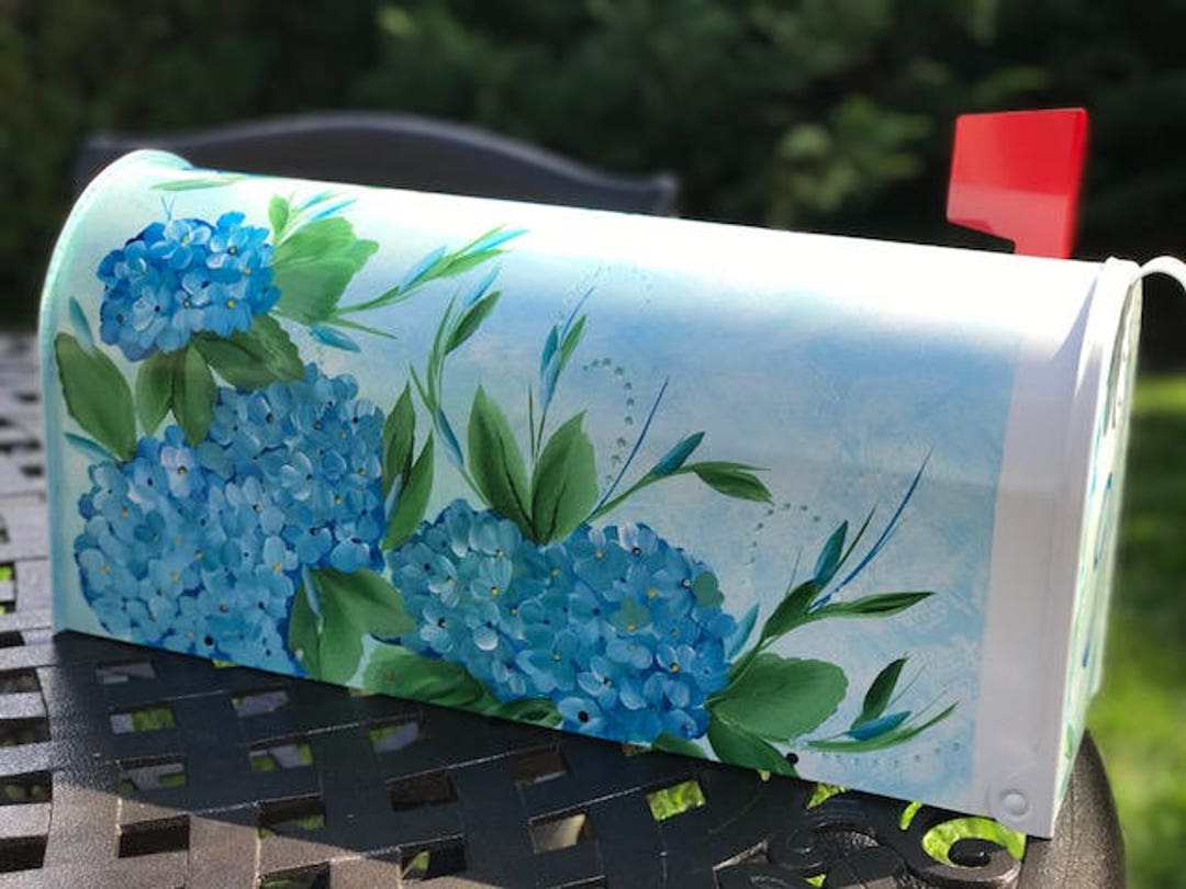 Hand Painted Blue Hydrangeas Mailbox, Flowers on Mailbox, Unique