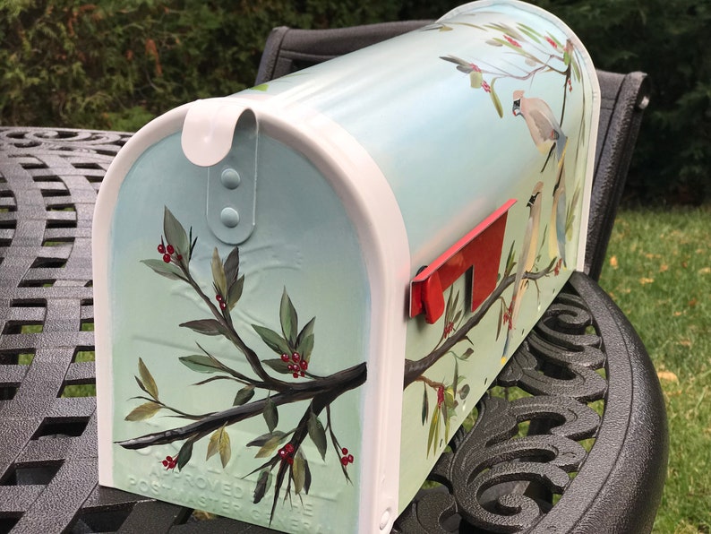 Hand Painted Mailboxes Bird Themed Mailbox Art Cedar Waxwing Etsy