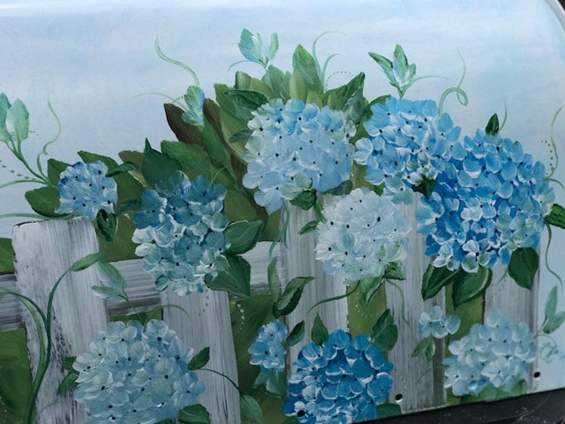 Hydrangea Mailbox Blue Flowers and Picket Fence Design Etsy