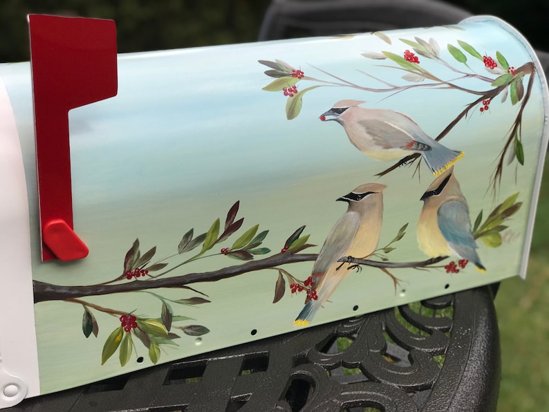 Hand Painted Mailboxes, Bird Themed Mailbox Art, Cedar Waxwing Painting ...