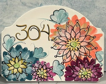 Boho Floral Painted White Background Wood Address Plaque, Unique Hand Painted Whimsical And Pretty Metallic Gold Numbers Detailed With Black