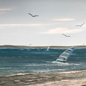 May include: A painting depicting a seascape with a sailboat in the foreground and a sandy beach in the background. The sky is a light blue with white clouds and there are several seagulls flying overhead.