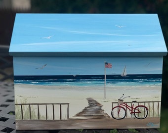 Wall Mount Painted Beach Themed Mailbox Featuring Bike, Seagulls And Flag Pole On The Beach, Shipping Included