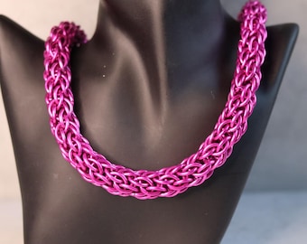 Chainmail Necklace - Candy Cane Weave, Anodized Aluminium Bubble-gum Pink