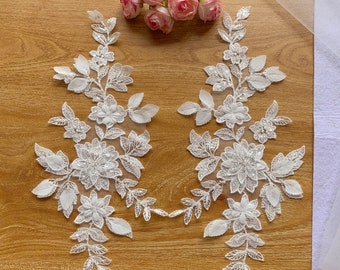 Super Elegant A&B set lace placement, 3D Beaded Light Ivory Bridal Lace Motif Applique