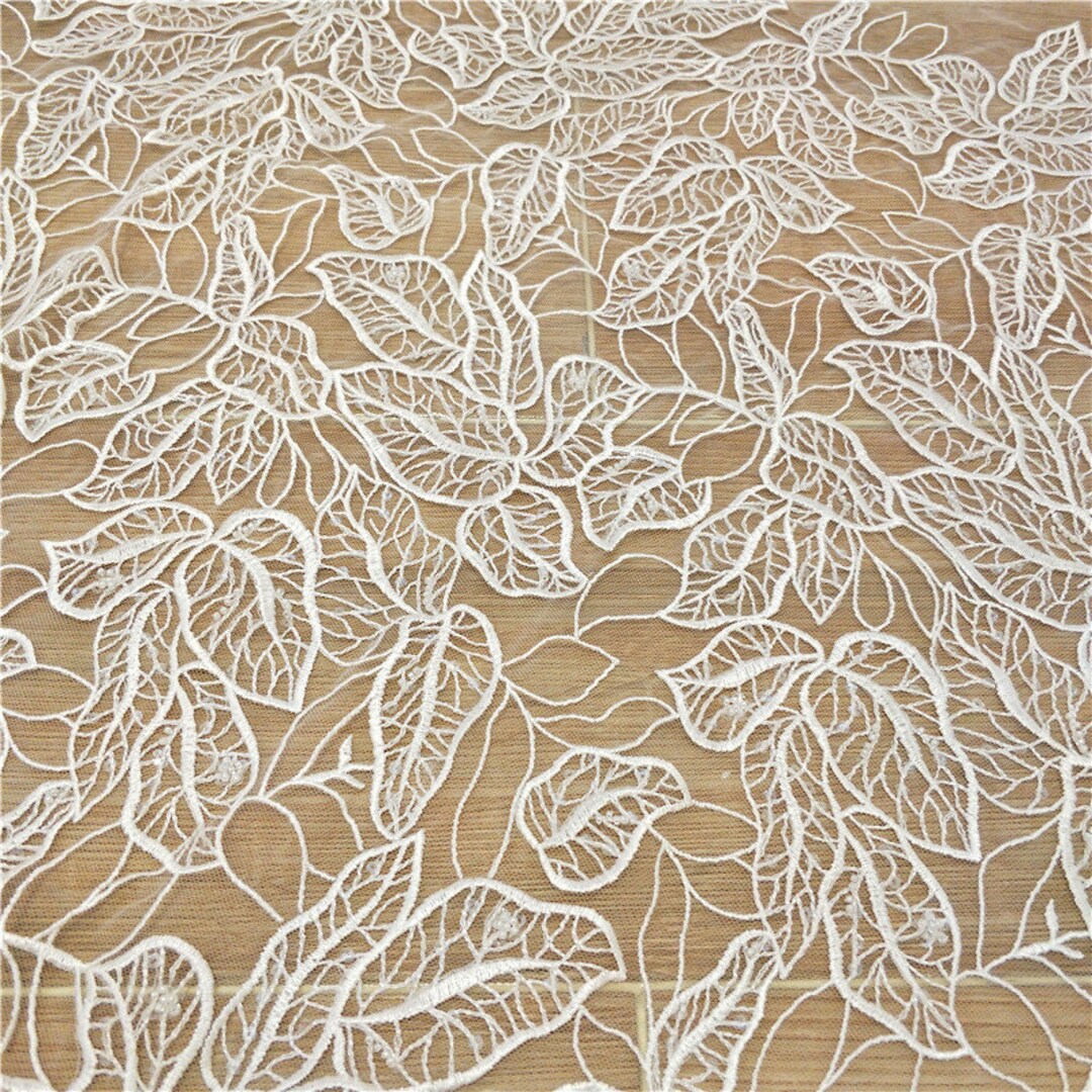 Bridal Lace Embroidery Leaves Design Lace Fabric Light Ivory Etsy