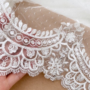 Waves Beaded Light Ivory Embroideried Bridal Lace Trim, Wedding Veil Lace Trims, Neckline lace trim, Sell by yard image 8