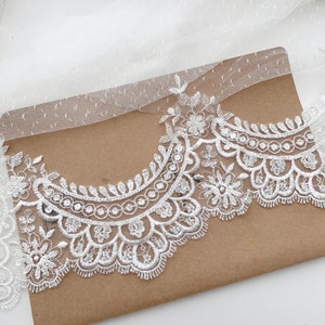 Waves Beaded Light Ivory Embroideried Bridal Lace Trim, Wedding Veil Lace Trims, Neckline lace trim, Sell by yard image 9