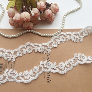 Narrow alencon lace trim, Small ivory bridal lace trim, Garter Wedding Lace Trim, Veil Corded Lace Trim, Sell By Yard