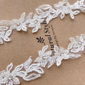 Fancy 3cm wide Floral Embroidery Sequined Beaded Light Ivory Bridal Hem Lace Trim, Small Narrow Beaded Wedding Veil Lace Trims, Sell by yard image 4