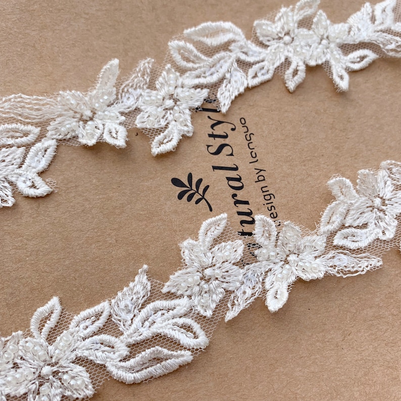 Fancy 3cm wide Floral Embroidery Sequined Beaded Light Ivory Bridal Hem Lace Trim, Small Narrow Beaded Wedding Veil Lace Trims, Sell by yard image 4