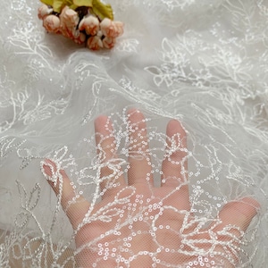 Elegant Thin Floral Sequins Emboidery Bridal Lace Fabric, Wedding Lace, sell by yard