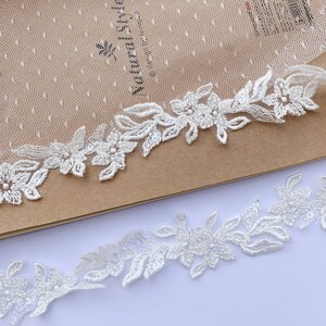 Bordure fantaisie en dentelle à l'ourlet de mariée ivoire clair à sequins et broderie florale, petites bordures étroites en dentelle pour voile de mariage, vente à l'yard image 8