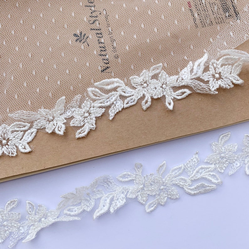 Fancy 3cm wide Floral Embroidery Sequined Beaded Light Ivory Bridal Hem Lace Trim, Small Narrow Beaded Wedding Veil Lace Trims, Sell by yard image 8