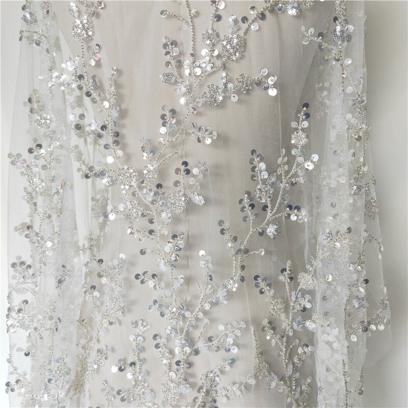 Silver Heavy Beaded Bridal Lace Fabric Sequin Floral Wedding Etsy