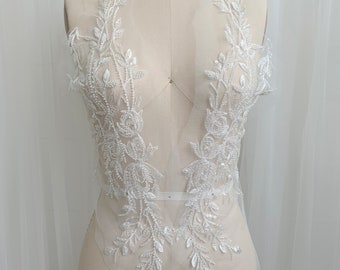 Paired Design Quality Light Ivory Beaded and Sequined Bridal Lace Applique, Floral Bodice Lace Sheet, Lace Placement