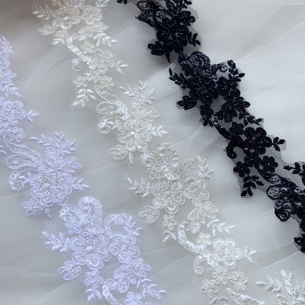 White/Ivory/Black Heavy Beaded alencon lace trim, Wedding Dress Strap lace trim, Beaded Bridal Lace Trim, Veil Cord Lace Trim, Sell By Yard