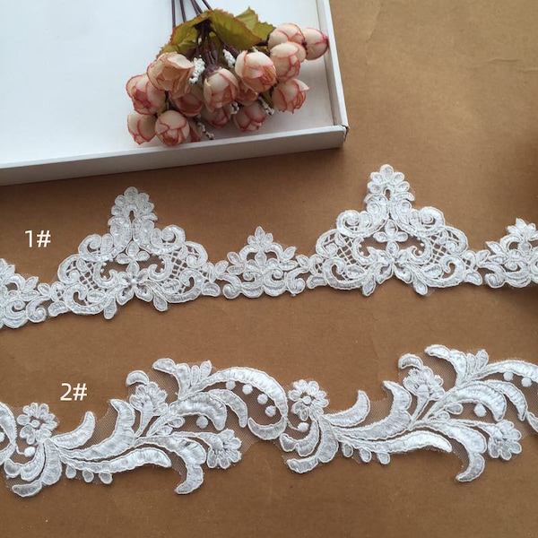 Sequined Alencon lace trim,light  ivory bridal lace trim, Waved Edge veil lace trim, Fabulous Design and Quality Sell By Yard