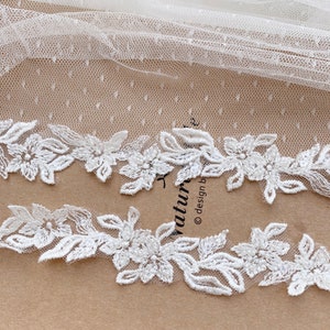 Fancy 3cm wide Floral Embroidery Sequined Beaded Light Ivory Bridal Hem Lace Trim, Small Narrow Beaded Wedding Veil Lace Trims, Sell by yard image 9