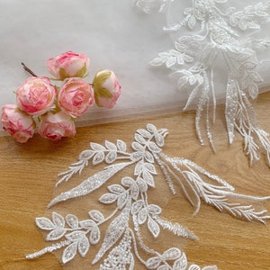 Heavy Beaded  Light Ivory Lace Applique, Bridal Embroidery Leaves Lace Motif in Mirror Pairs