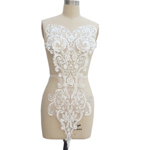 Oversize Sequined Sweetheart Neckline Bodice Lace Applique in Light Ivory, Sell by piece