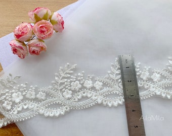 3 1/2 '' Heavy Beaded alencon lace trim, Ivory Wedding lace trim, Beaded Bridal Lace Trim, Veil Corded Lace Trim, Sell By Yard