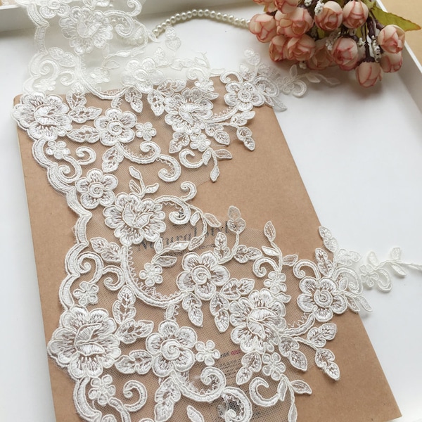 Sell By Yard Bridal Alencon lace trim,Light Ivory bridal lace trim, Floral Corded wedding veil lace trim, Fabulous Design and Quality