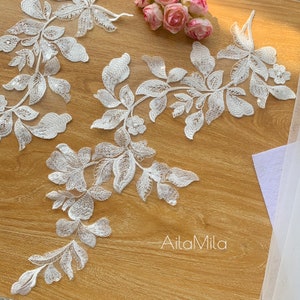 FREE SHIPPING to USA and Most European Countries, Quality Sequins Leaf Lace Applique , Light Ivory Lace Motifs, Wedding Dance Costume Lace