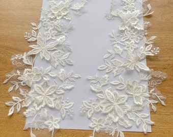 High End 3D Floral Embroidery Bridal Lace Applique, Light Ivory Lace Motif For Wedding Dress, Sell By Pair