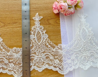 Sell By Yard Bridal Alencon lace trim, Light  Ivory bridal lace trim, Floral Corded wedding veil hem lace trim, Fabulous Design and Quality