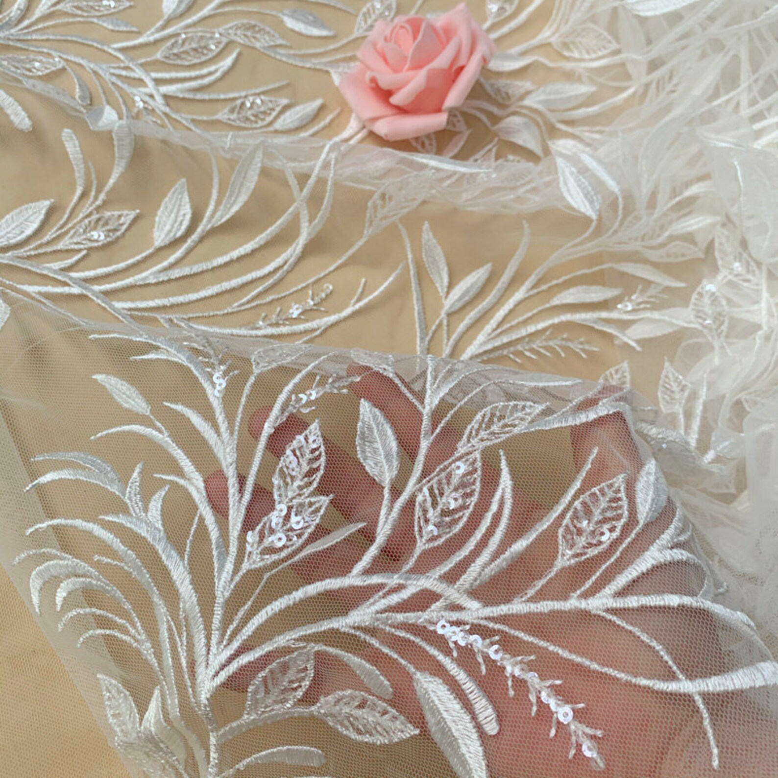 Bridal Lace Embroidery Leaves Design Lace Fabric Ivory Etsy