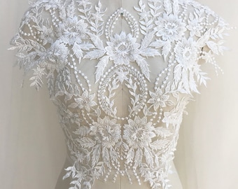 High Quality Rayon Heavy Beaded Black Bridal Lace Applique, Luxury Bridal Lace Applique,Light Ivory Wedding Lace Bodice Decor, Sell by PCS