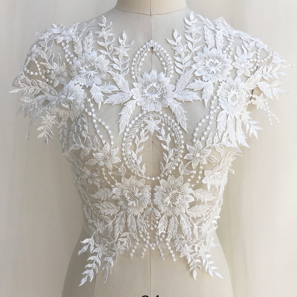 High Quality Rayon Heavy Beaded Black Bridal Lace Applique, Luxury Bridal Lace Applique,Light Ivory Wedding Lace Bodice Decor, Sell by PCS