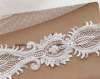 Fabulous Beaded Light Ivory Embroideried Bridal Lace Trim, Wedding Veil Lace Trims, Sell by yard