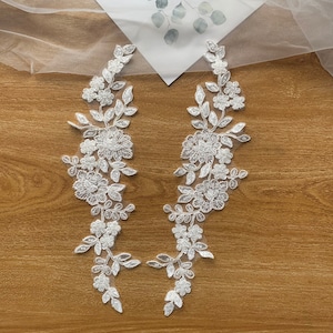 Quality Beaded Lace Applique in Mirror Pairs, Corded Light Ivory Bridal Lace Motifs, Dance Costume Lace